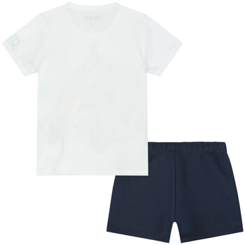 Younger Boys White & Navy Blue Logo Shorts Set
