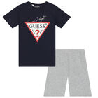 Boys Navy & Grey Logo Shorts, 1, hi-res