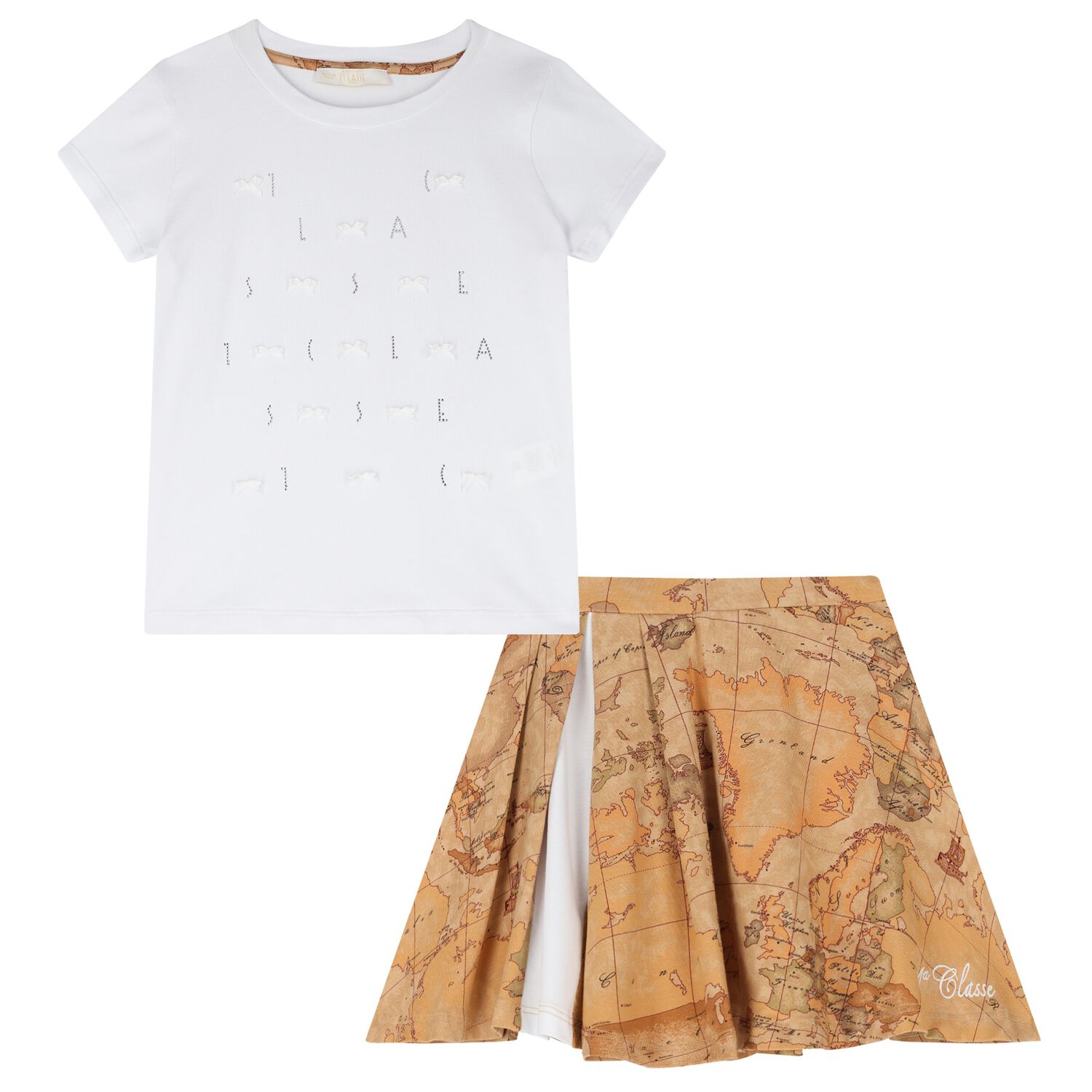 Girls White & Beige Geo Map Skirt Set, 1, hi-res image number null