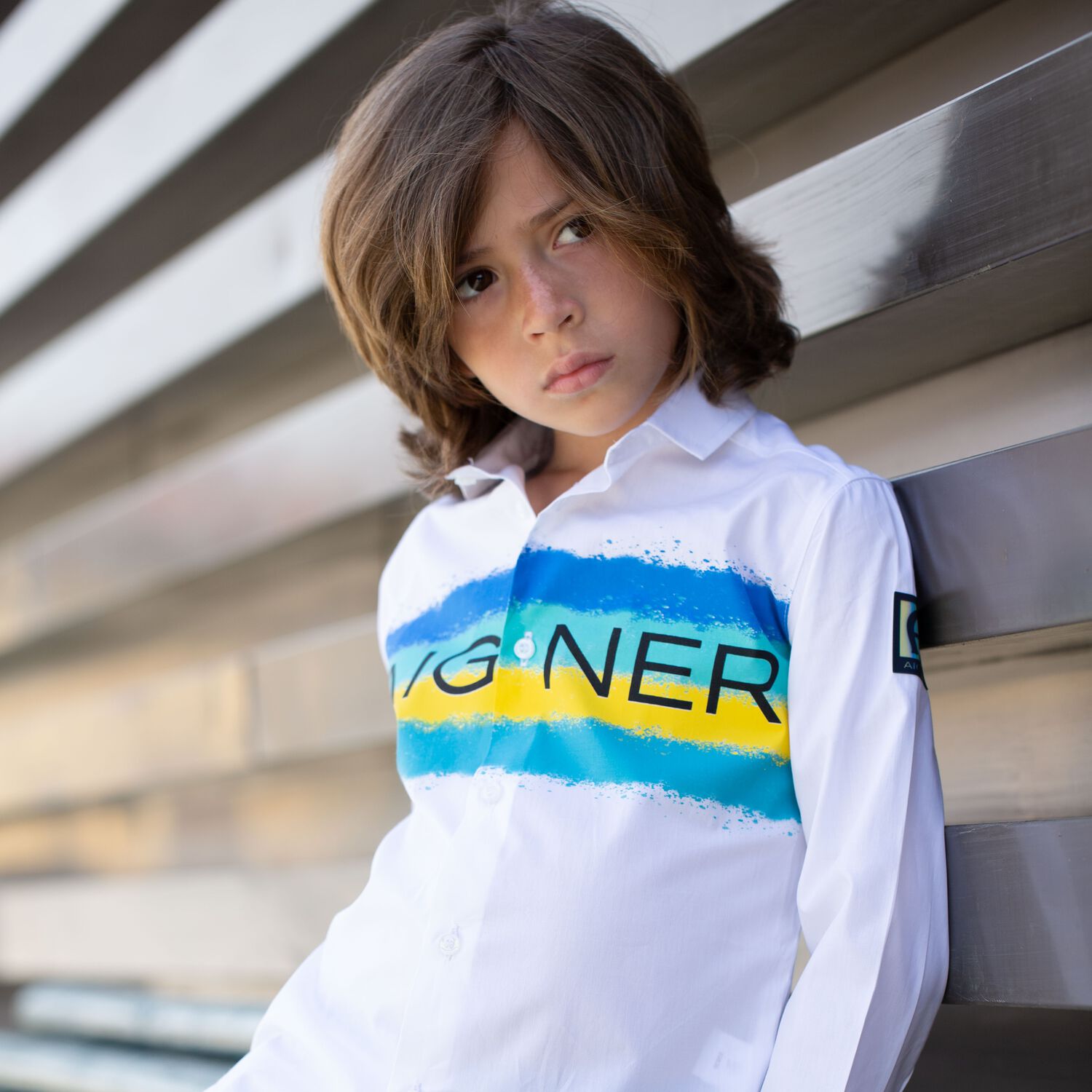 Boys White Logo Striped Shirt, 1, hi-res