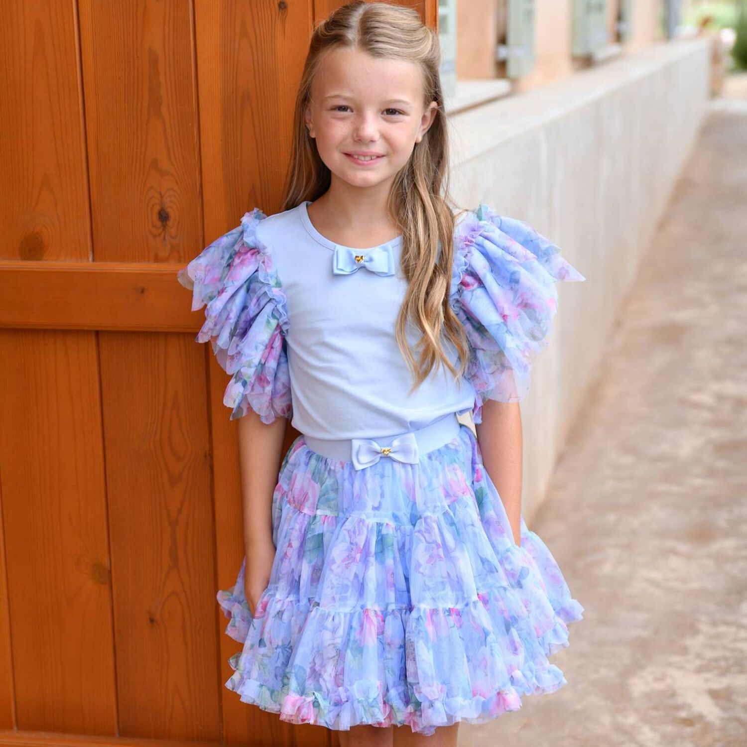 Girls Blue Floral Tulle Top, 1, hi-res