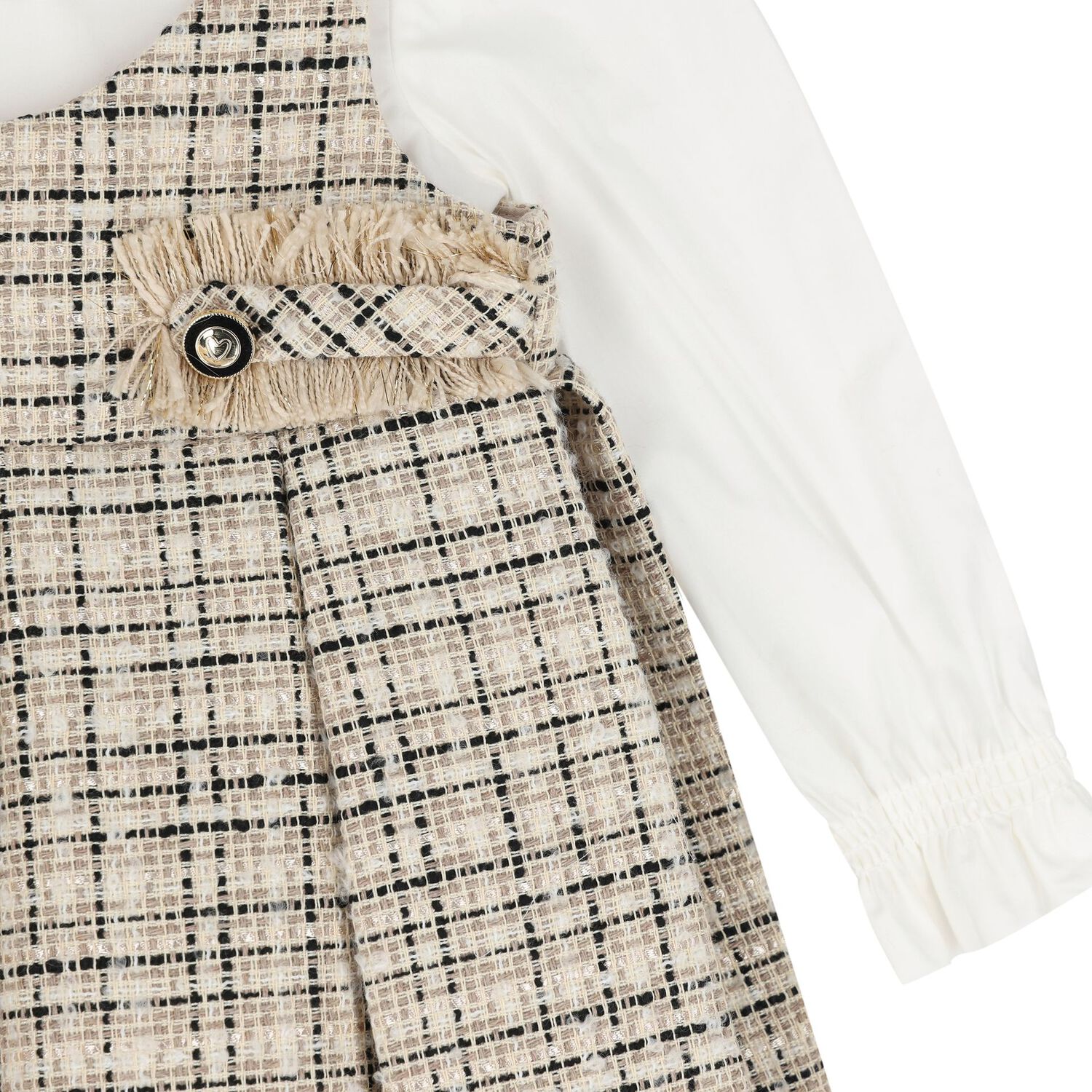 Younger Girls Beige & White Pinafore Dress, 1, hi-res