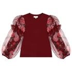 Girls Burgundy Floral Tulle Lila Long Sleeve Top, 1, hi-res