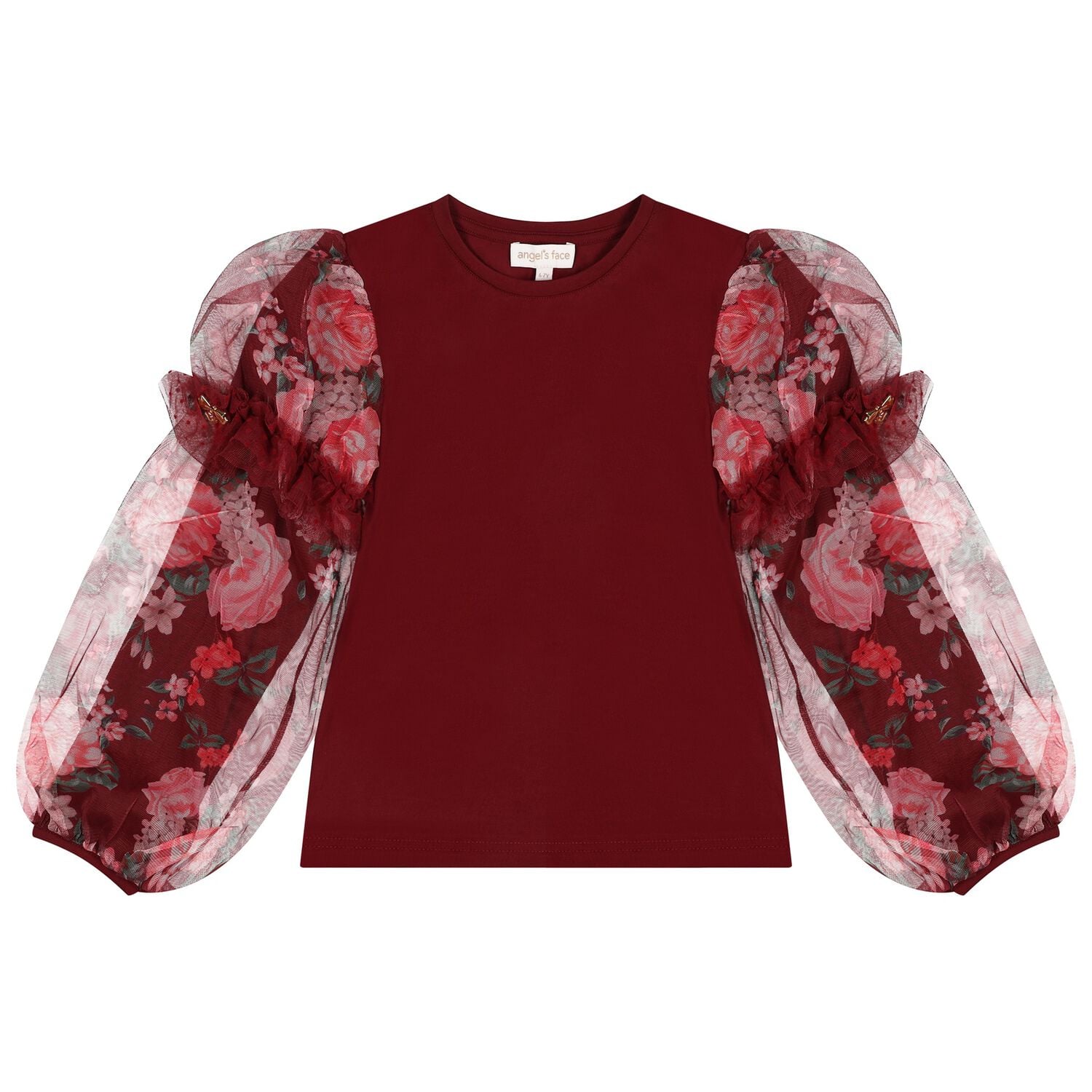 Girls Burgundy Floral Tulle Lila Long Sleeve Top, 1, hi-res