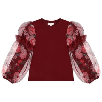 Girls Burgundy Floral Tulle Lila Long Sleeve Top