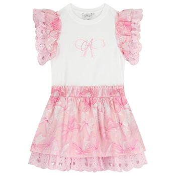 Girls Pink Bow Broderie Anglaise Dress