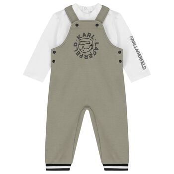 Younger Boys Green & White Ikonik Karl Dungarees Set 