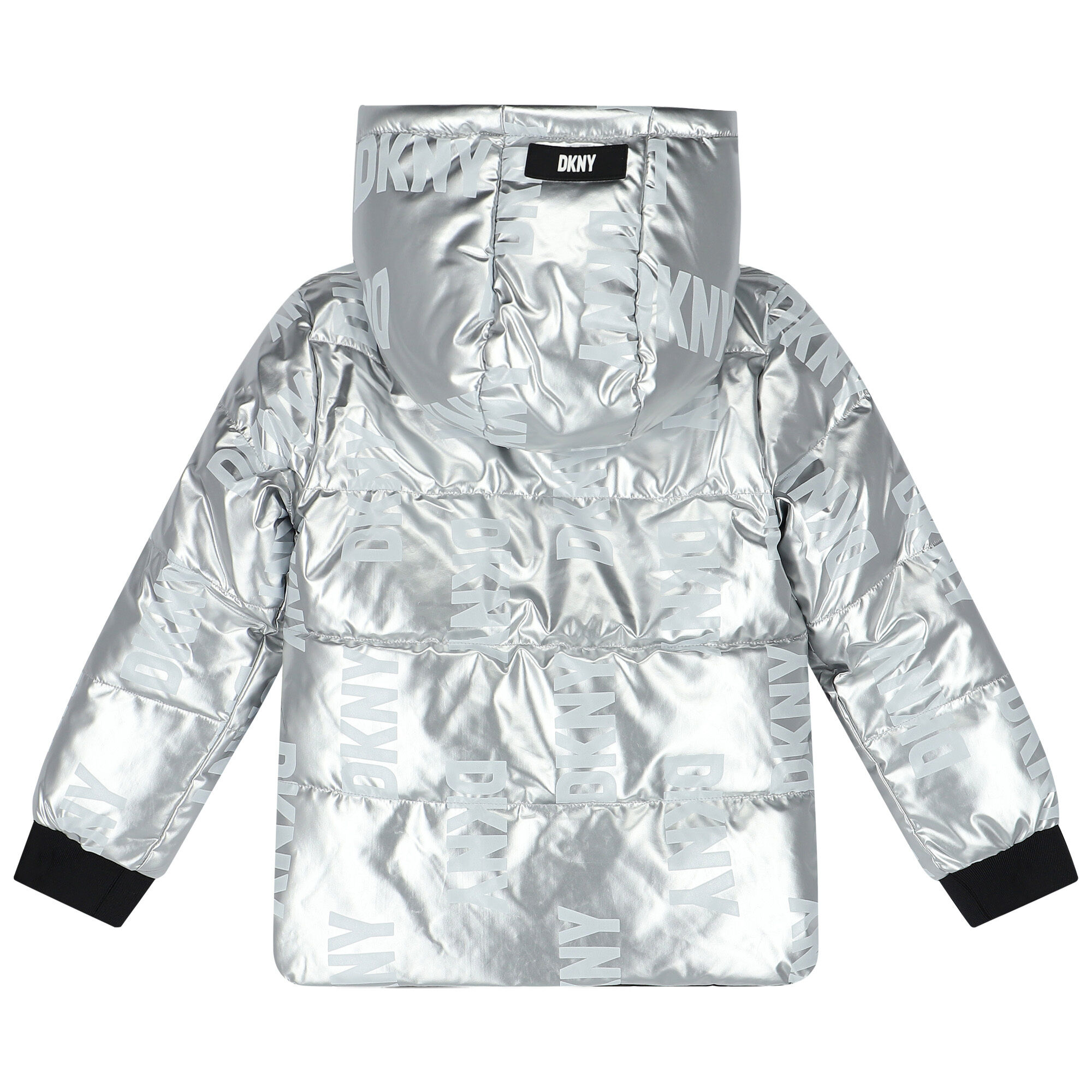 DKNY Girls Silver Black Logo Reversible Puffer Jacket Junior Couture USA