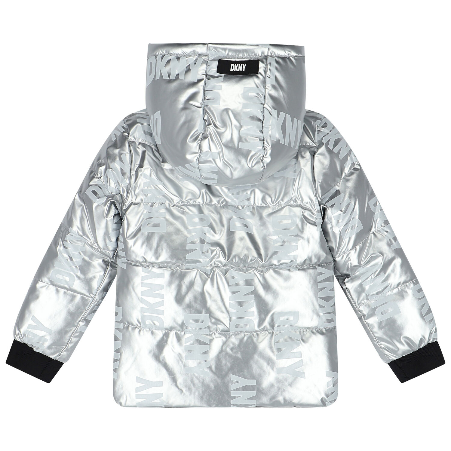 Girls Silver & Black Logo Reversible Puffer Jacket, 1, hi-res
