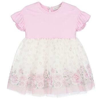 Younger Girls White & Pink Roses & Bears Tulle Dress