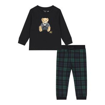 Baby Boys Black & Green Polo Bear Tartan Trouser Set