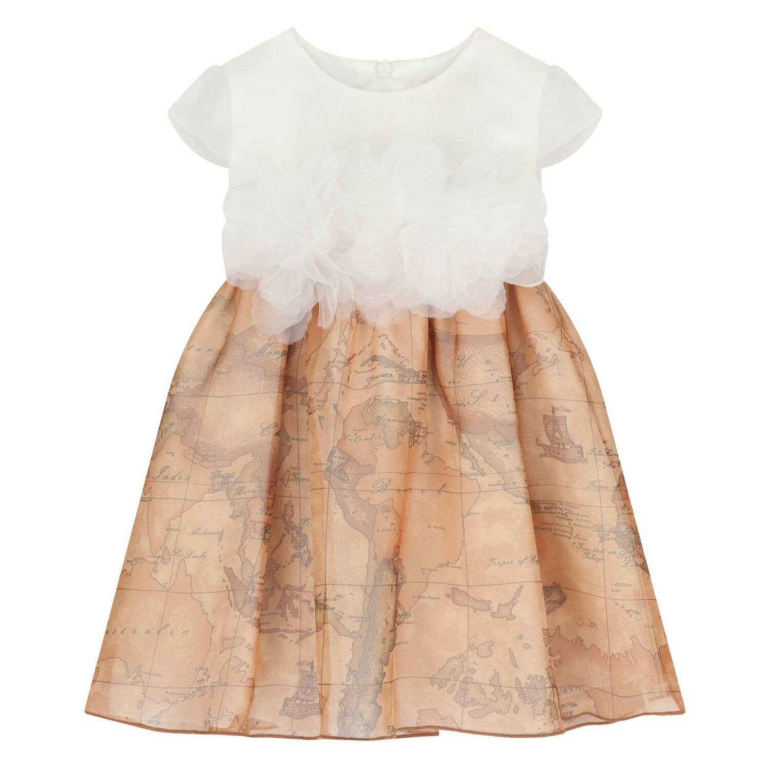 Younger Girls White & Beige Geo Map Dress, 1, hi-res