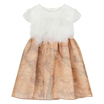Younger Girls White & Beige Geo Map Dress