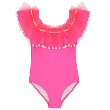 Girls Pink Ruffle Pom-Pom Swimsuit