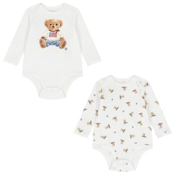 Baby Boys White Polo Bear Bodysuits ( 2 Pack )
