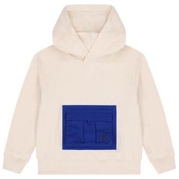 Boys Beige & Blue Logo Hooded Top
