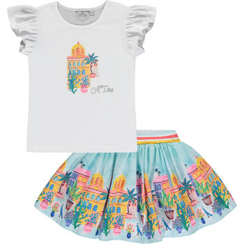 Girls White & Blue Tropical Island Skirt Set