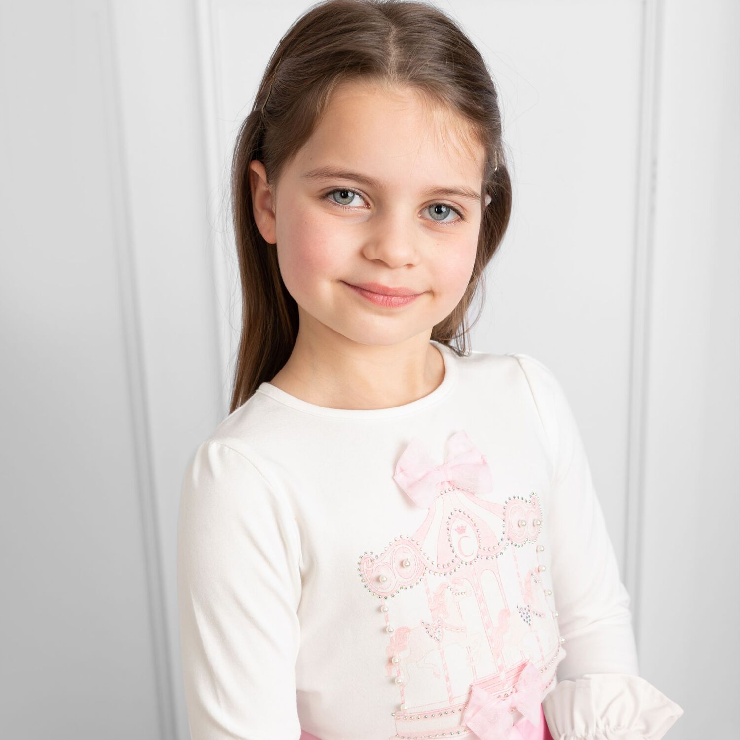 طقم تنورة للبنات باللون العاجي و الوردي , 1, hi-res