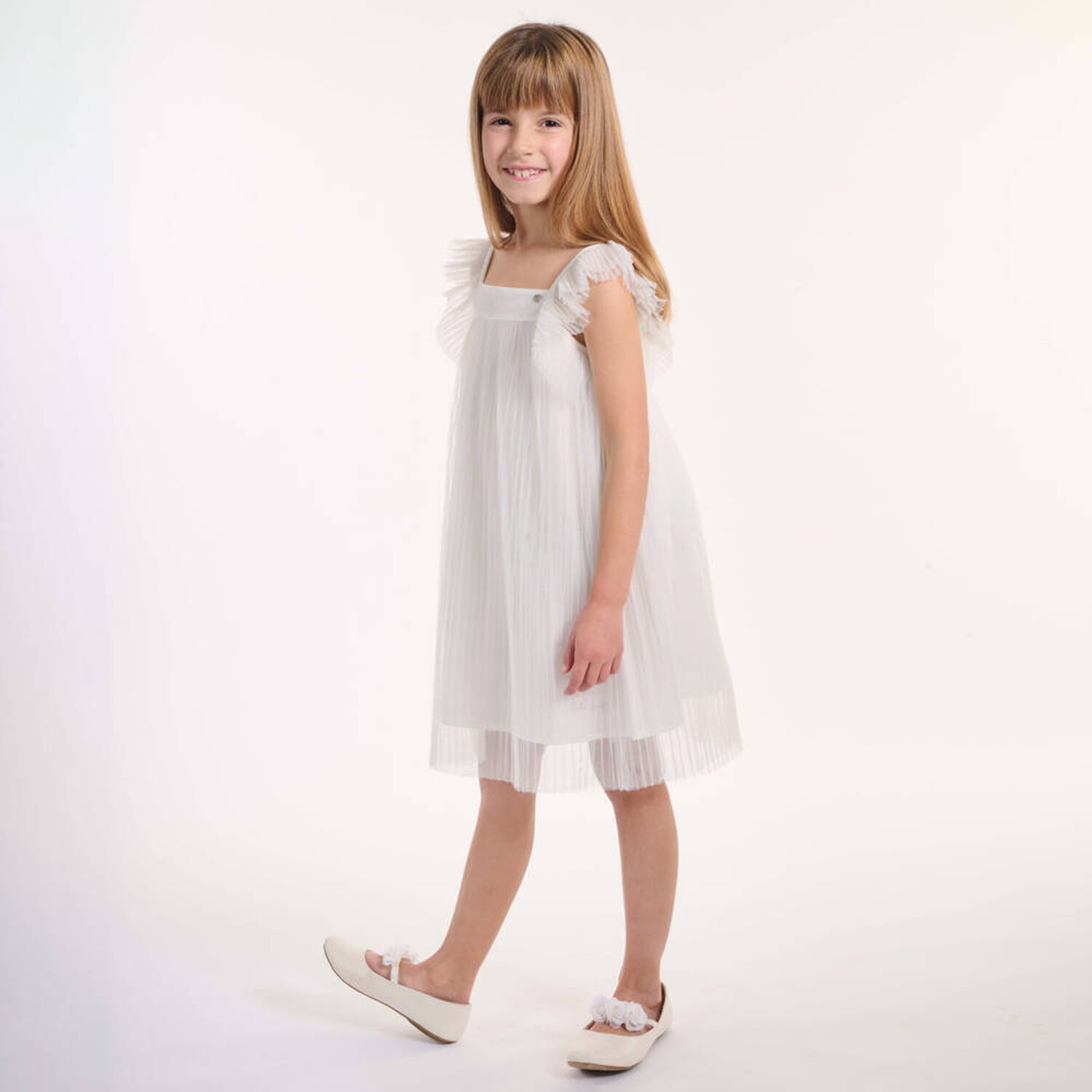 Girls White Pleated Tulle Dress, 1, hi-res image number null