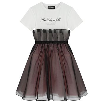 Girls White & Black Organza Dress