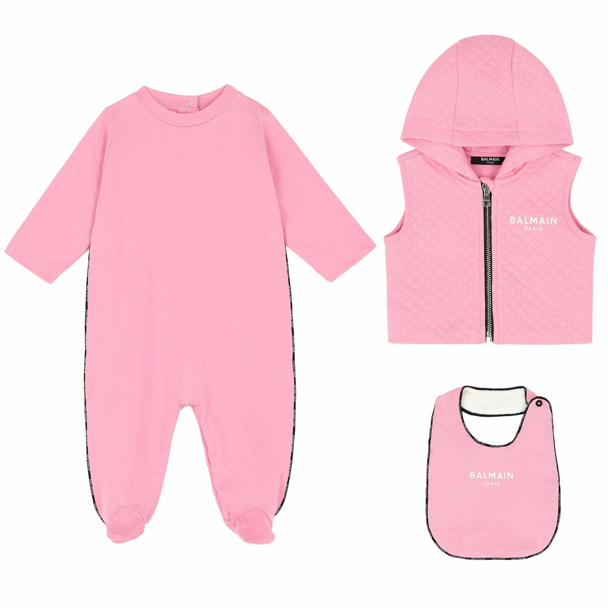 Balmain Baby Girls Pink Babygrow Gilet Bib Set Junior Couture USA
