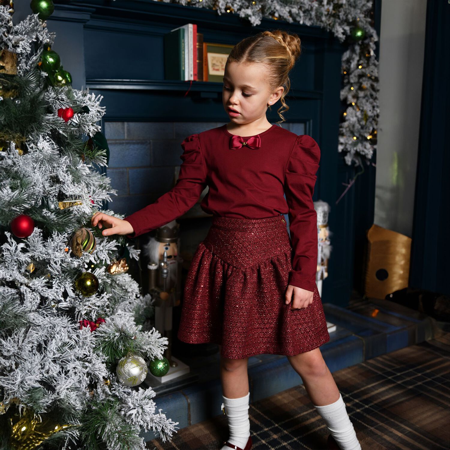 Girls Burgundy Bow Aubrey Long Sleeve Top, 2, hi-res