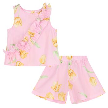 Girls Pink Ruffled Floral Short Set