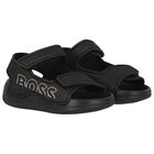 Boys Black Logo Sandals, 1, hi-res
