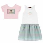 Girls Pink, White & Green Logo Dress Set, 2, hi-res