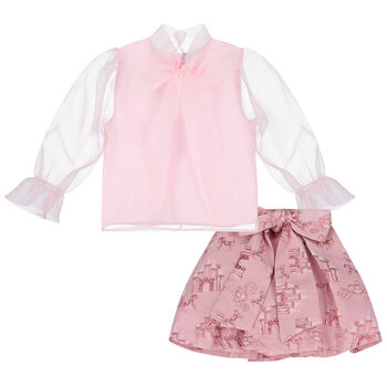Girls Pink Organza & Jacquard Skirt Set