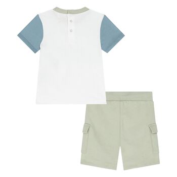 Younger Boys White & Green Logo Shorts Set