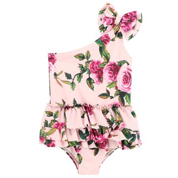 Girls Pink One Shoulder Floral Swimsuit