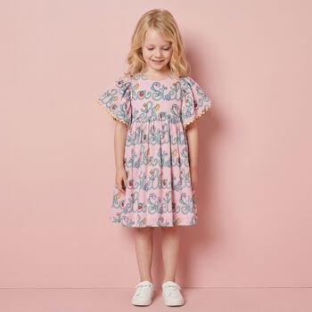 فستان بالشعار وطبعة الزهور باللون الوردي للبنات