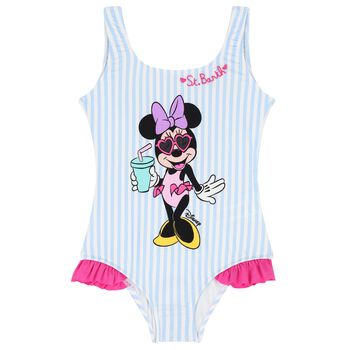 Girls Blue & White Stripe Minnie Mouse Swimsuit