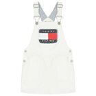 Girls White Denim Dungaree Dress, 1, hi-res