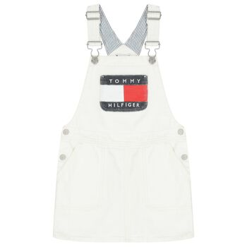 Girls White Denim Dungaree Dress