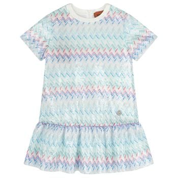 Girls White & Blue Zig Zag Embellished Sequin Dress