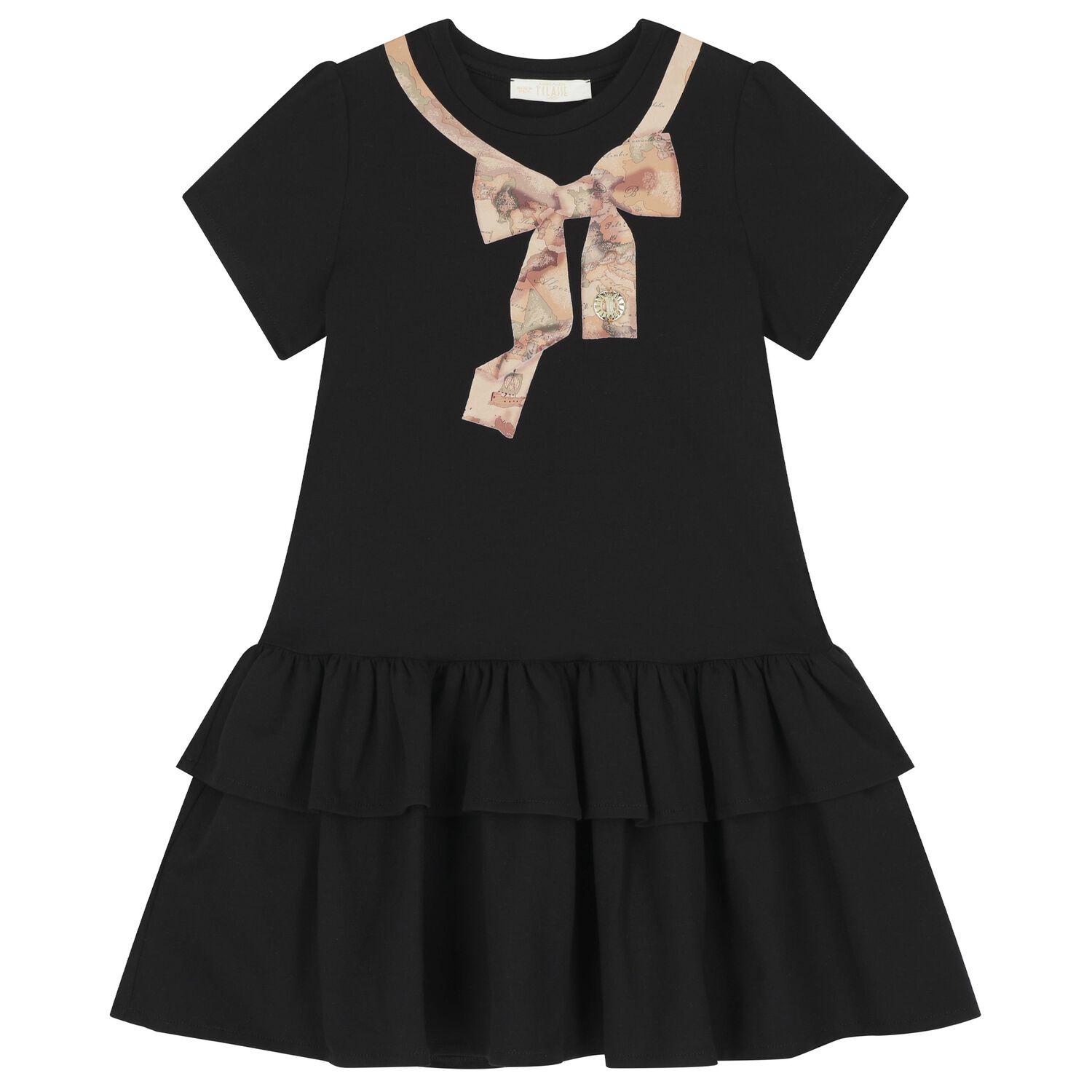 Girls Black & Beige Bow Logo Dress, 1, hi-res
