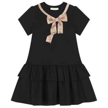 Girls Black & Beige Bow Logo Dress