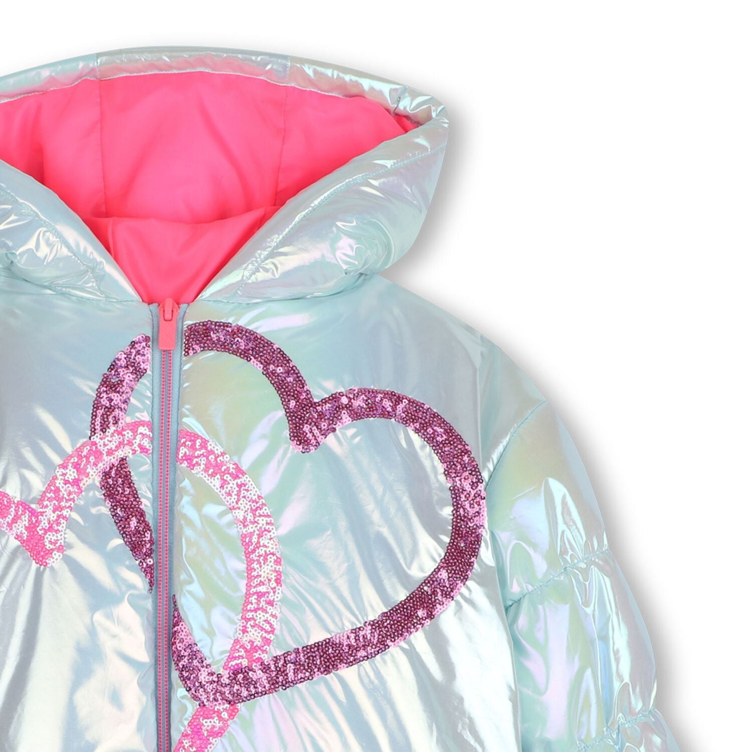 Girls Silver Iridescent Heart Puffer Jacket, 1, hi-res