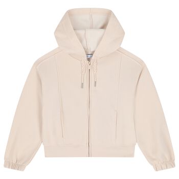 Girls Beige Hooded Zip Up Top