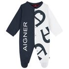 Boys Navy Blue & White Logo Babygrow, 2, hi-res