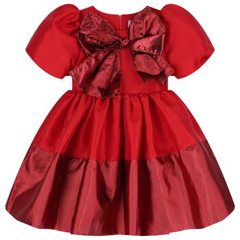 Girls Red Bow Pleated Twill Dress