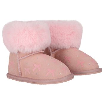 Girls Pink Suede Leather Bow Boots