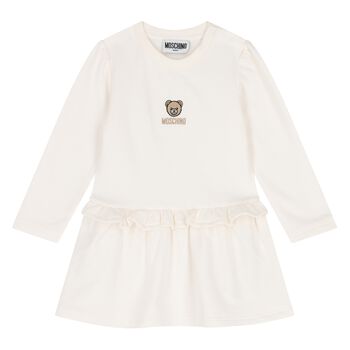 Younger Girls Ivory Teddy Bear Logo Dress