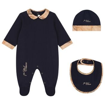 Baby Boys Navy Blue & Beige Geo Map Babygrow Gift Set
