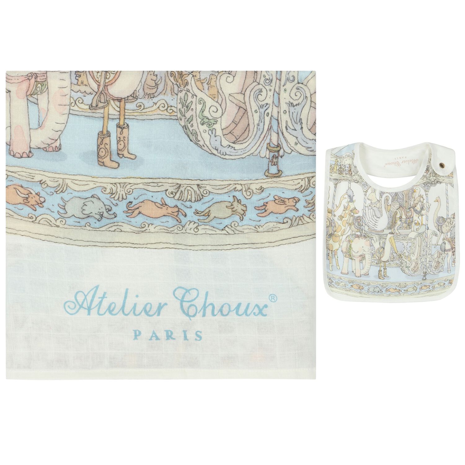 Baby Boys Ivory & Blue Carousel Carré Swaddle & Bib Gift Set, 1, hi-res image number null