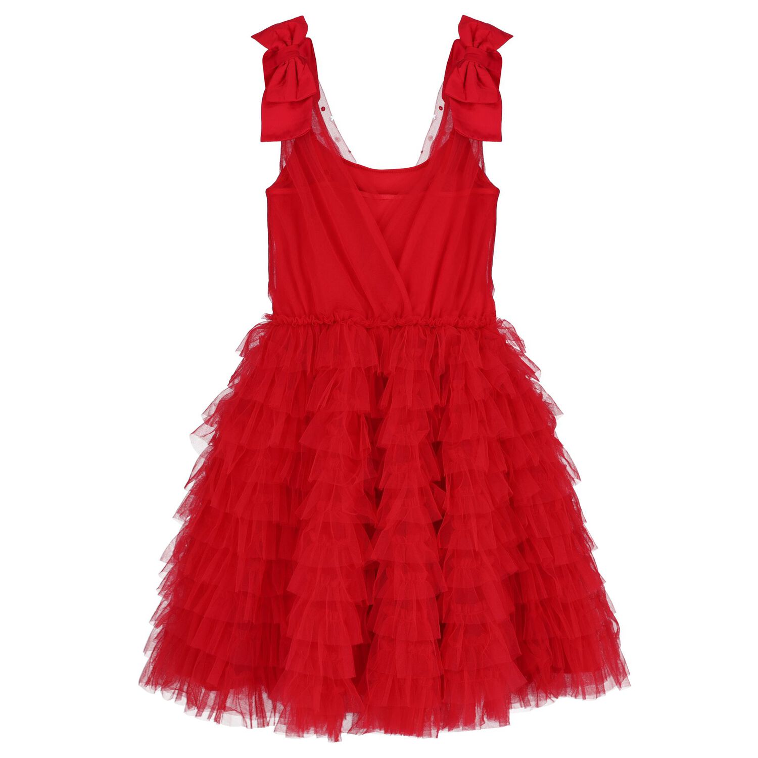 Girls Red Embellished Sequined Tulle Tiered Dress, 1, hi-res