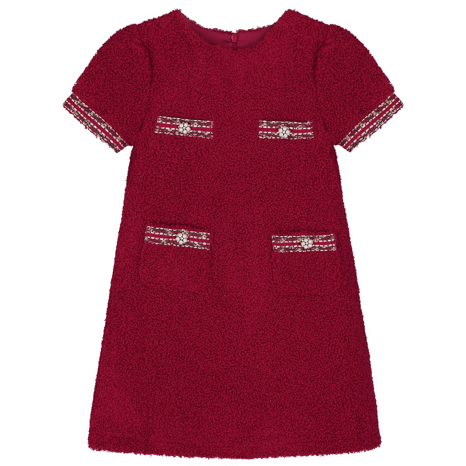 Girls Burgundy Boucl&eacute; Dress, 2, hi-res