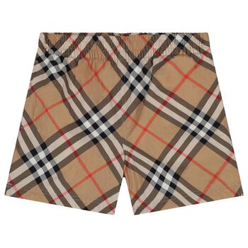 Boys Beige Check Swim Shorts